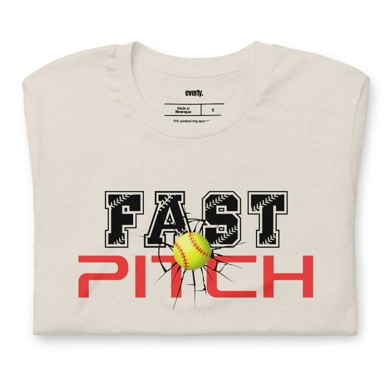 Fast pitch softball PNG sublimation digital download design, on a heather dust graphic tee.