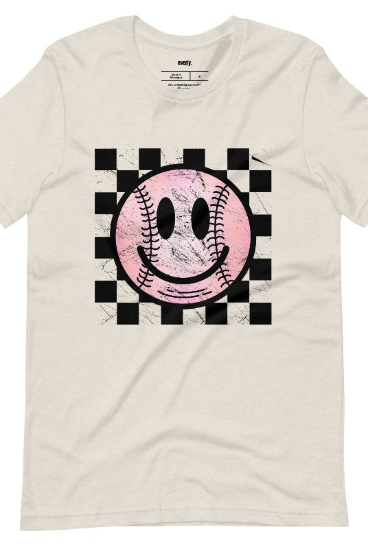 Retro softball smiley face on a heather dust graphic tee.
