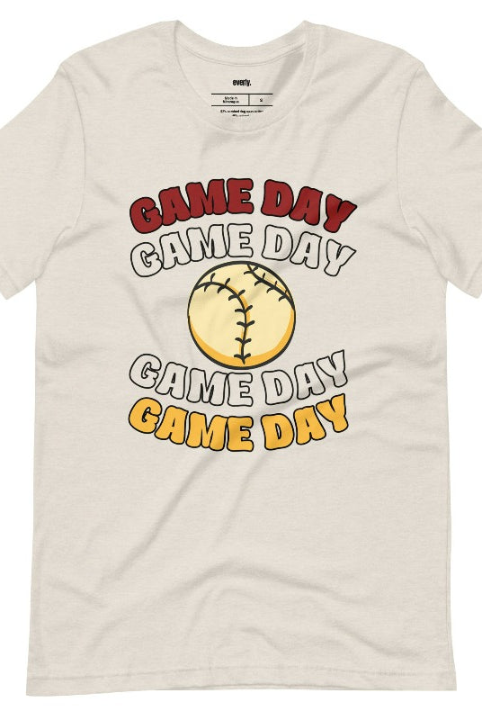Softball game day on a heather dust graphic tee