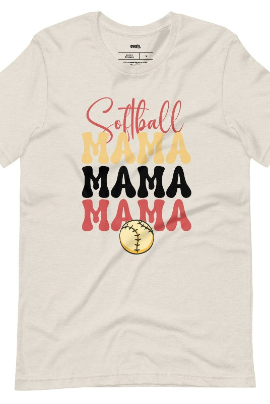 Softball Mama on a heather dust graphic tee.