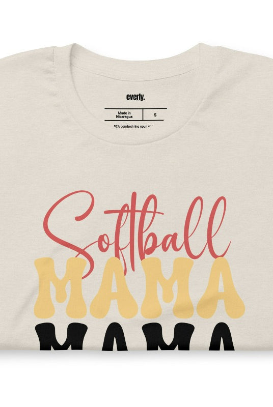 Softball Mama on a heather dust graphic tee.