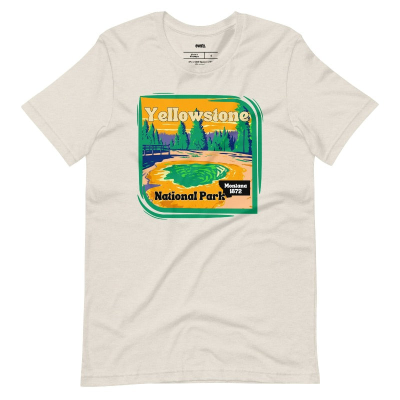 Yellowstone National Park Graphic on a heather dust shirt.