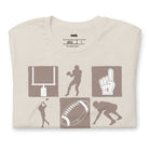 a design with various football-related icons, including a helmet, football, goalpost, players, and a "#1" foam finger, in a monochromatic brown tone on a beige shirt.