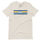 Bella + Canvas 3001 unisex t-shirt featuring blue and gold horizontal stripes with "CAL" text prominently displayed in the center on a beige graphic tee.