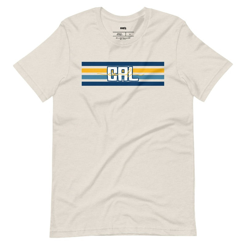 Bella + Canvas 3001 unisex t-shirt featuring blue and gold horizontal stripes with "CAL" text prominently displayed in the center on a beige graphic tee.