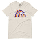 Bella + Canvas 3001 unisex shirt featuring a colorful rainbow design with the word "Clemson" in the center, representing Clemson University on a beige graphic tee.