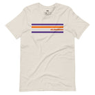 Bella + Canvas 3001 unisex T-shirt featuring a Clemson University design with purple, orange, and grey stripes and the word "Clemson" in bold orange letters on a beige shirt