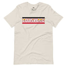 Bella + Canvas 3001 unisex t-shirt featuring the University of Louisville design with red, black, and yellow stripes, and "Louisville" text prominently displayed on a beige shirt.