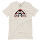 This vibrant NC State design with "North Carolina" text, rainbow arch, and red dots on a beige shirt.