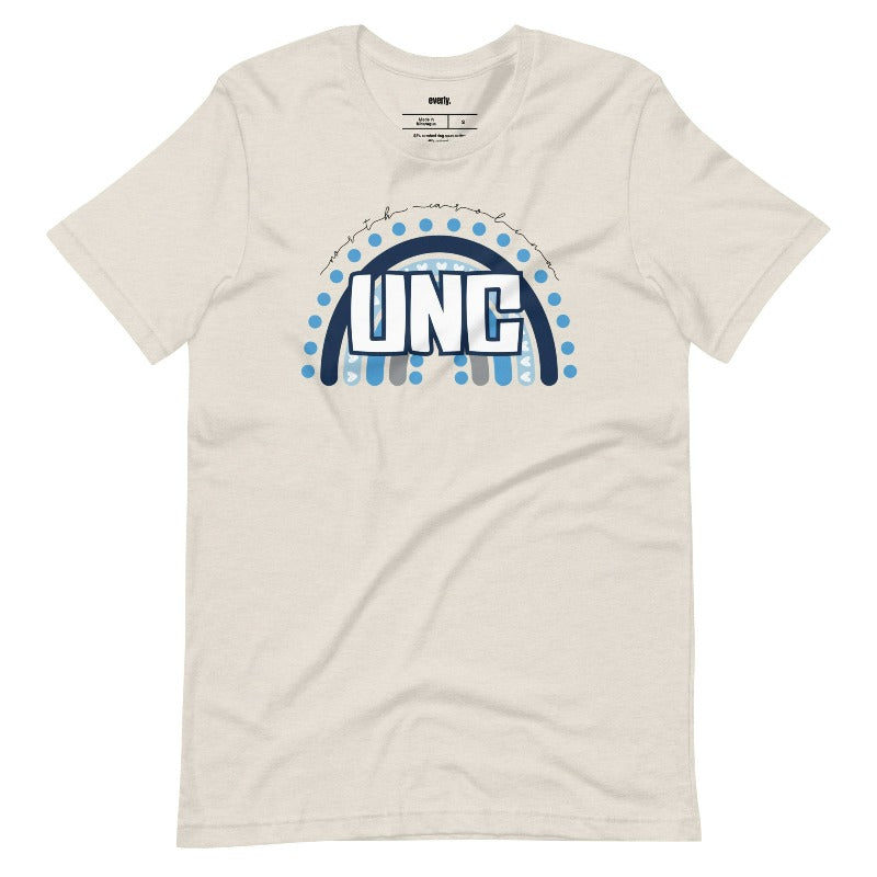 UNC - University of North Carolina design with blue and white motifs on a beige shirt.