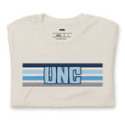 The letters "UNC" in bold blue over blue and white stripes for the University of North Carolina on a beige shirt.