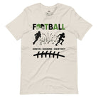 a football-themed design with the word "FOOTBALL" in bold text, accompanied by helmet icons. The design includes silhouettes of football players, a play diagram, and the words "Drive - Desire - Destiny" below on a beige shirt.