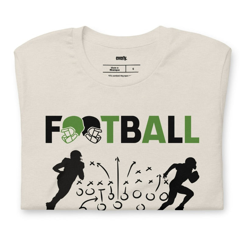 a football-themed design with the word "FOOTBALL" in bold text, accompanied by helmet icons. The design includes silhouettes of football players, a play diagram, and the words "Drive - Desire - Destiny" below on a beige shirt.