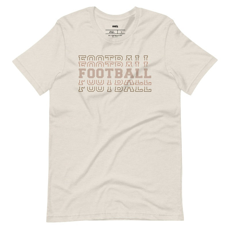 "FOOTBALL" repeated in different shades of brown and tan, with each instance of the word displayed in a slightly different style on a beige shirt.