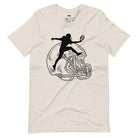 a black silhouette of a football player leaping to catch a football, superimposed on a large, sketched football helmet n a beige shirt. 