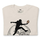 a black silhouette of a football player leaping to catch a football, superimposed on a large, sketched football helmet on a beige shirt. 