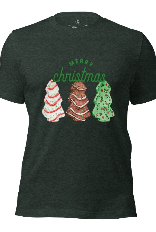Relive the nostalgia of your childhood with our Christmas shirt that features the beloved classic Christmas tree cookies on a heather forest green shirt.