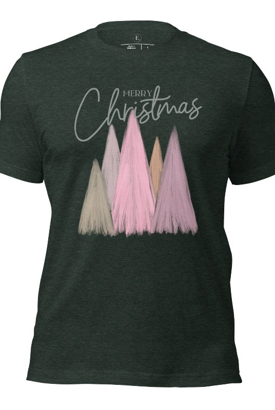 Merry Christmas modern minimalist pastel Christmas trees on printed on a heather forest green shirt.