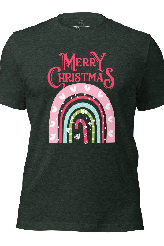 Merry Christmas rainbow candy cane and heart tee on a heather forest green shirt. 