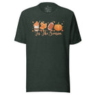 Tis the Season Fall Shirt! Fall Coffee, Fall Leaf, Football, Pumpkin on front chest of a heather forest colored shirt