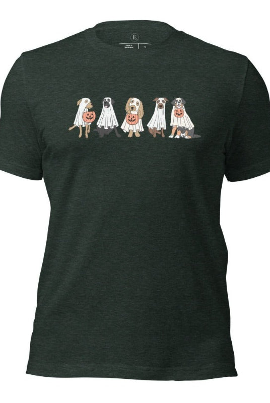 5 dogs dressed as ghost getting ready to trick or treat on a heather forest green colored t-shirt.