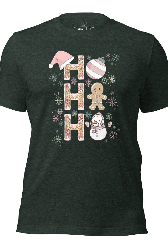 Add a whimsical touch to your holiday wardrobe with our gingerbread "Ho Ho Ho" Christmas shirt on a heather forest colored shirt.