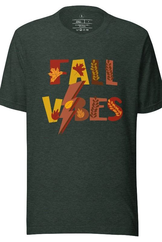 Get into the autumn spirit with our Fall Vibes shirt. Featuring the words 'Fall Vibes' with a creative twist- a lighting bolt replacing the 'I'- this shirt captures the energy of the season. Adorned with leaves, it adds a touch of nature's beauty on a heather forest green shirt. 