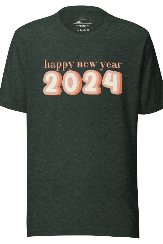 Welcome 2024 in style with our exclusive Happy New Year shirt design! Featuring vibrant graphics and festive typography, this high- quality on a heather forest green shirt. 