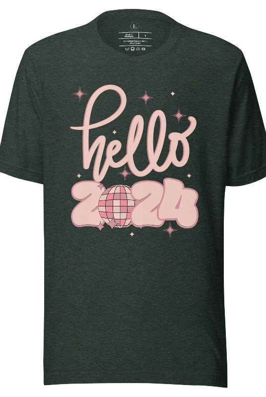 Say hello to 2024 in style with our exclusive 'Hello 2024' shirt. This sleek design captures the essence of new beginnings, on a heather forest green shirt. 