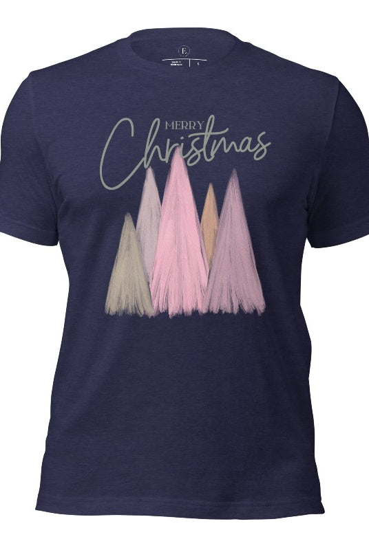 Merry Christmas modern minimalist pastel Christmas trees on printed on a heather midnight navy shirt.