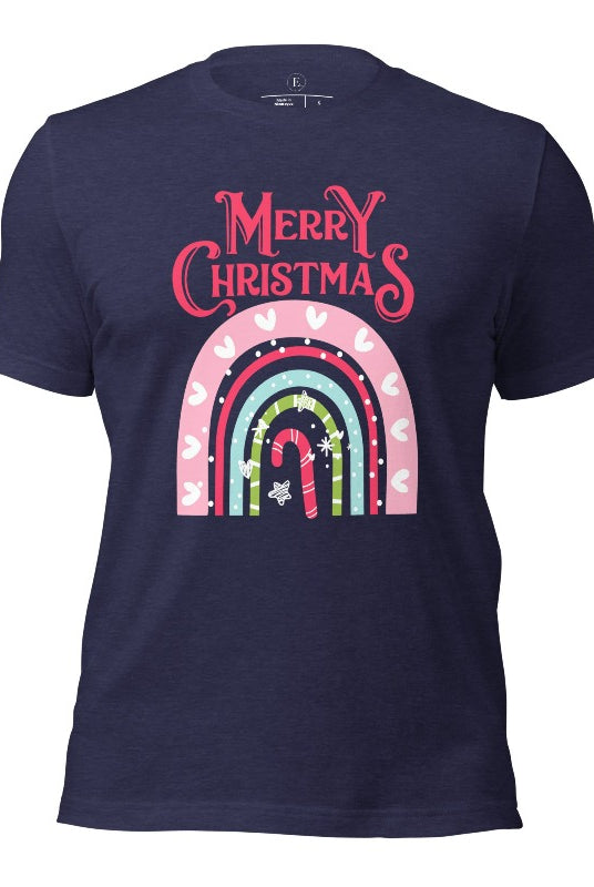 Merry Christmas rainbow candy cane and heart tee on a heather midnight navy shirt. 