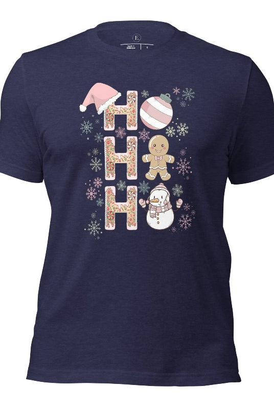 Add a whimsical touch to your holiday wardrobe with our gingerbread "Ho Ho Ho" Christmas shirt on a heather midnight navy colored shirt.