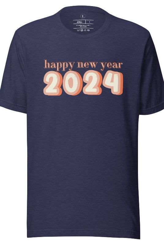 Welcome 2024 in style with our exclusive Happy New Year shirt design! Featuring vibrant graphics and festive typography, this high- quality on a heather midnight navy shirt. 