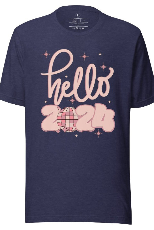 Say hello to 2024 in style with our exclusive 'Hello 2024' shirt. This sleek design captures the essence of new beginnings, on a heather midnight navy shirt. 
