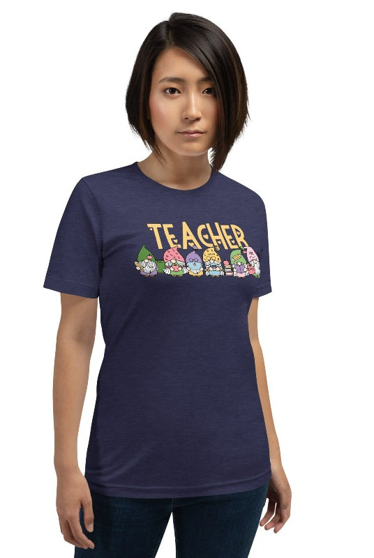 Navy teacher graphic tee featuring adorable teacher gnomes and the word 'teacher' - perfect for teacher shirts and teacher gifts. Navy graphic Tees.