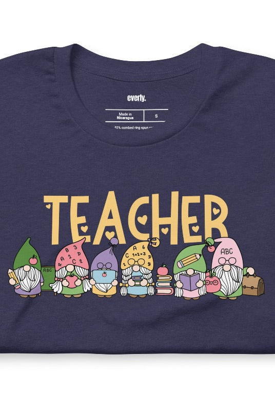 Navy teacher graphic tee featuring adorable teacher gnomes and the word 'teacher' - perfect for teacher shirts and teacher gifts. Navy graphic Tees.