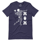 Navy heather t-shirt featuring a graphic design of a football player composed of various football icons, with the word "MOM" in bold white letters next to the player.