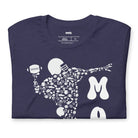 Navy heather t-shirt featuring a graphic design of a football player composed of various football icons, with the word "MOM" in bold white letters next to the player.