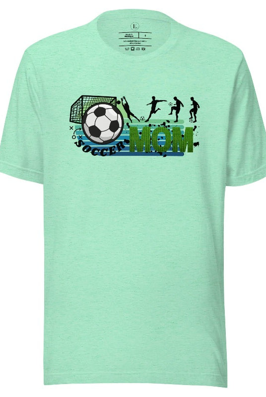 Support your soccer star on and off the field with our Soccer Mom t-shirt. Crafted with soft, breathable fabric, this shirt ensures comfort all day long. It's trendy design showcases your love for the game and your role as a proud soccer mom on a heather mint shirt. 