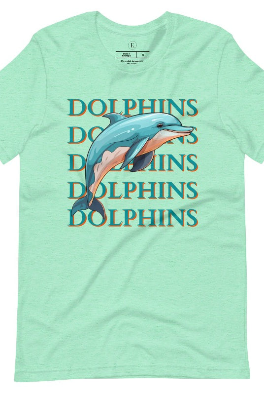Introducing the Bella Canvas 3001 unisex graphic t-shirt that will make a splash! Dive into style with our Dolphins Dolphins Dolphins Dolphins tee, featuring a playful illustration of a dolphin for the Miami Dolphins football team on a heather mint shirt. 