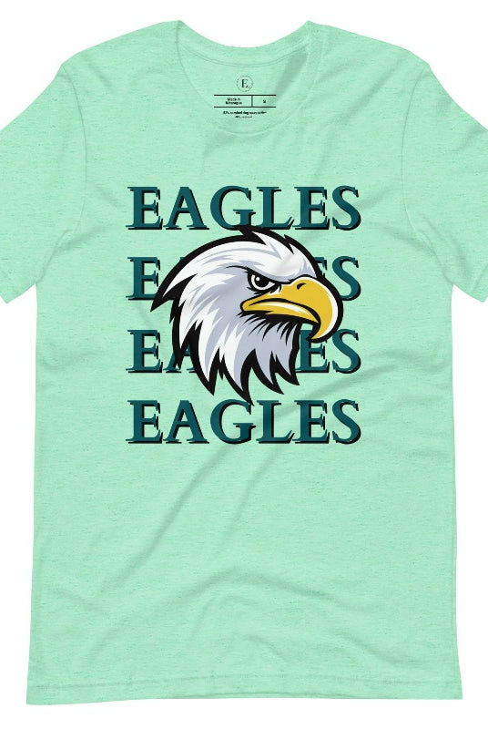Get ready to soar high with our Bella Canvas 3001 unisex graphic t-shirt! Show your love for the Philadelphia Eagles NFL football team with our "Eagles Eagles Eagles Eagles" tee featuring a majestic American Eagle illustration on a heather mint shirt.