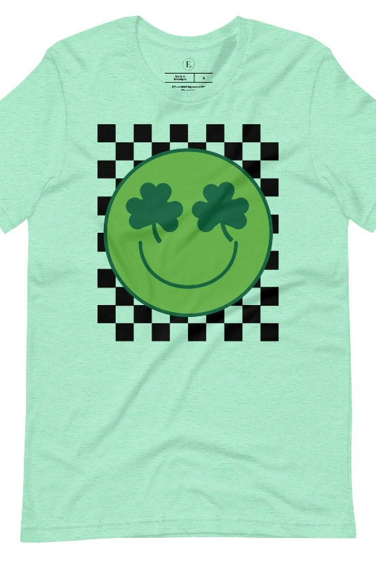 Get in the Saint Patrick's Day spirit with our Bella Canvas 3001 unisex graphic t-shirt! This unique design features a retro green smiley face with shamrock eyes, perfect for those seeking a festive and nostalgic look on a heather mint shirt. 