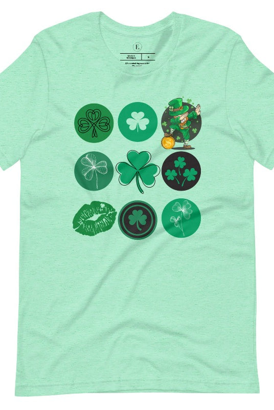 Celebrate Saint Patrick's Day in style with our Bella Canvas 3001 unisex graphic t-shirt! Get ready for the luckiest day of the year with our festive design featuring 3 rows of 3 vibrant and whimsical Saint Patrick's Day images on a heather mint shirt. 