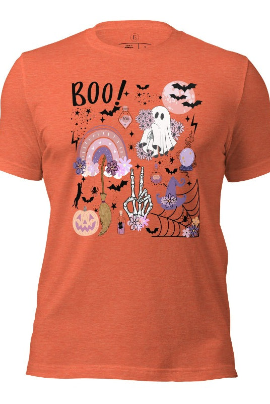 Experience the essence of Halloween with our bewitching shirt. Immerse yourself in a tapestry of Halloween symbols, from pumpkins to bats and witches, and all centered around the timeless exclamation, 'Boo!' This captivating design embodies the spirit of the season, on a heather orange shirt. 