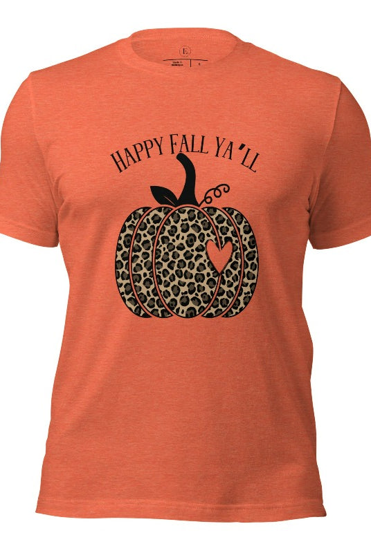 Get ready for fall with our adorable cheetah pumpkin shirt. Featuring a charming design of a cheetah pumpkin with a heart, it's the perfect blend of style and seasonal spirit. Spread the autumn cheer with the saying 'Happy Fall Ya'll' and embrace the coziness of the season on a heather orange colored shirt. 