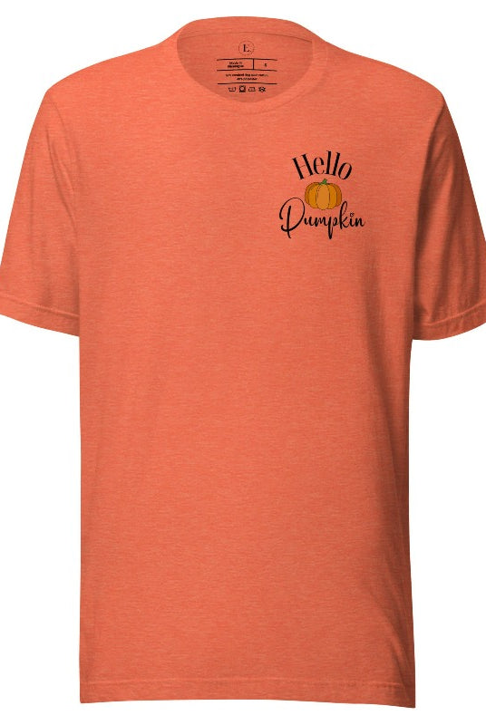 Say hello to autumn with our adorable t-shirt. It features a pumpkin on the front pocket and the playful phrase 'Hello Pumpkin,' this design captures the spirit of the season on a heather orange colored shirt. 