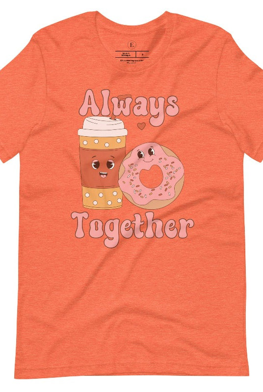 Celebrate love with our adorable Valentine's Day graphic tee! Featuring a smiling coffee cup and a cheerful donut holding hands, on a heather orange shirt. 
