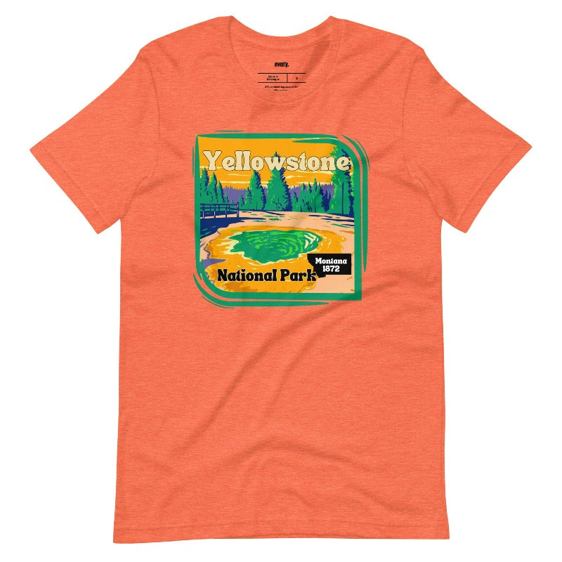Yellowstone National Park Graphic on a heather orange shirt.
