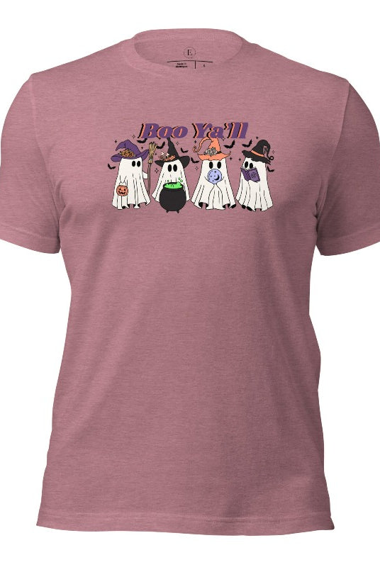 Embrace the spirit of Halloween with our spooktacular shirt. Join a mischievous gang of ghostly trick-or-treaters as they spread frightening fun. Featuring a playful 'Boo Ya'll' message, on a heather orchid colored shirt. 