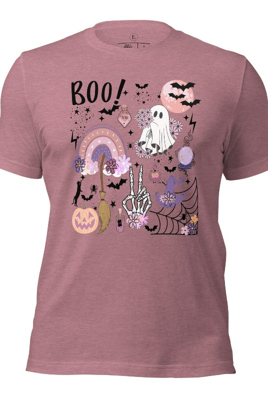 Experience the essence of Halloween with our bewitching shirt. Immerse yourself in a tapestry of Halloween symbols, from pumpkins to bats and witches, and all centered around the timeless exclamation, 'Boo!' This captivating design embodies the spirit of the season, on a heather orchid colored shirt. 